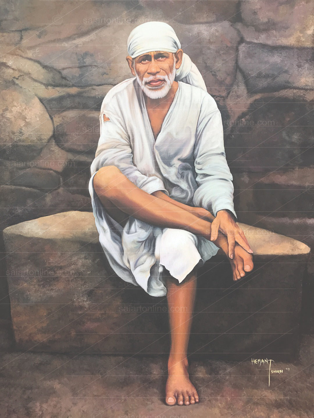 Shirdi Sai Baba Photo Sitting On Stone Hand Painting Canvas Reprint Wall Art Decor photo, Picture/Poster